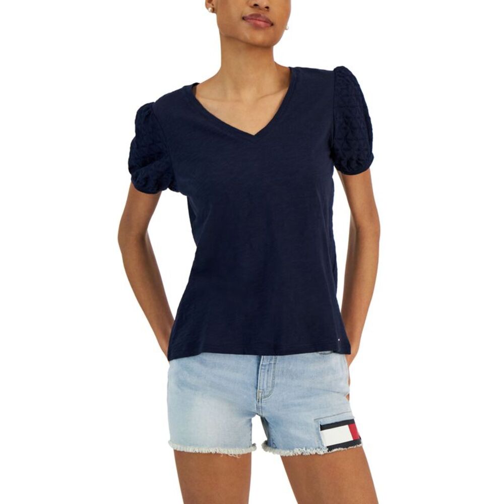 Tommy Hilfiger Women's Short Sleeve Eyelet V-Neck Top